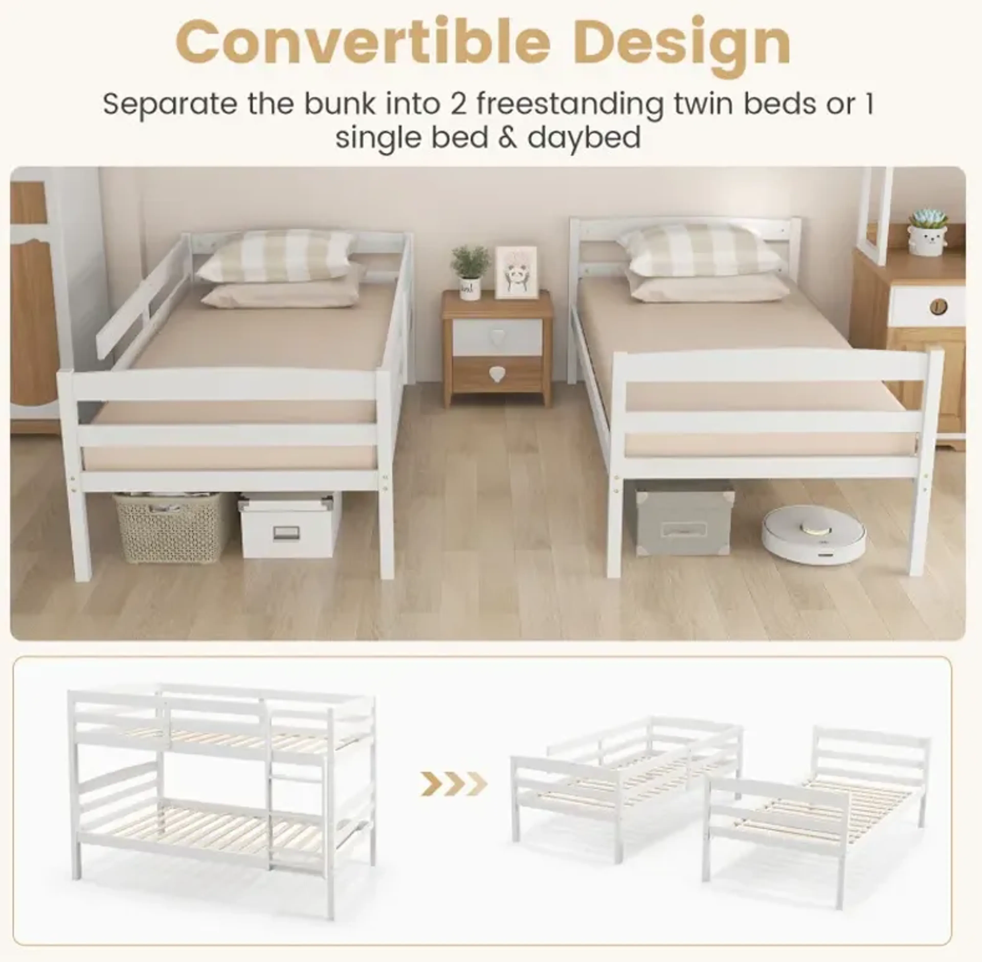 Solid Wood Twin Over Twin Bunk Bed Frame With High Guardrails And ...