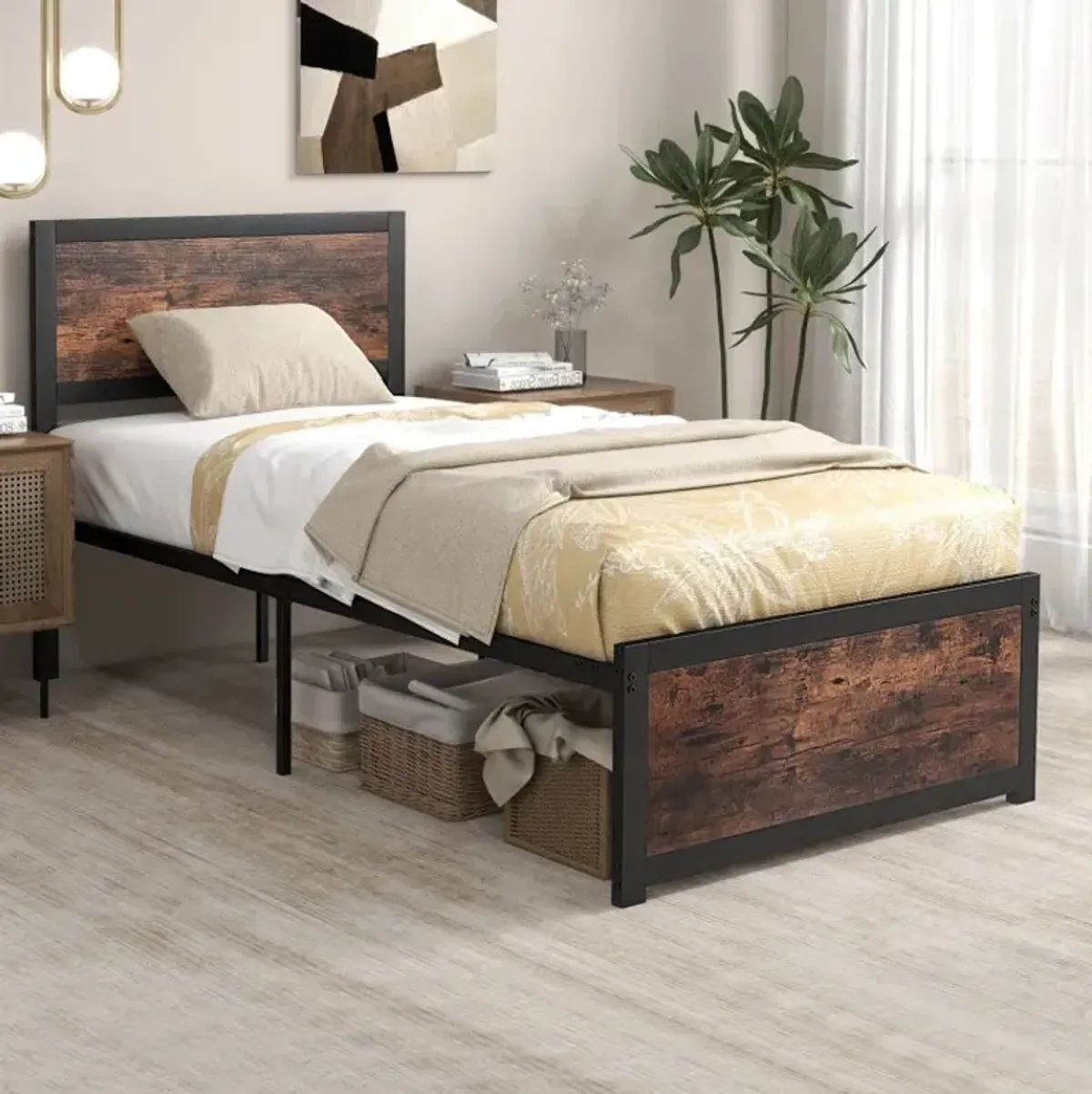Twin Size Bed Frame Metal with High Headboard and Mute Bars