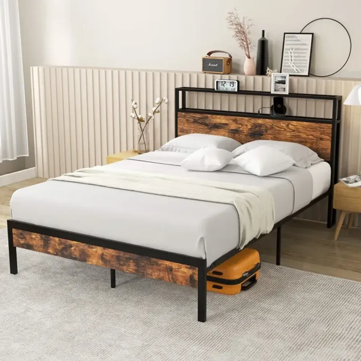 Twin/Full/Queen Bed Frame with Storage Headboard and Charging Station