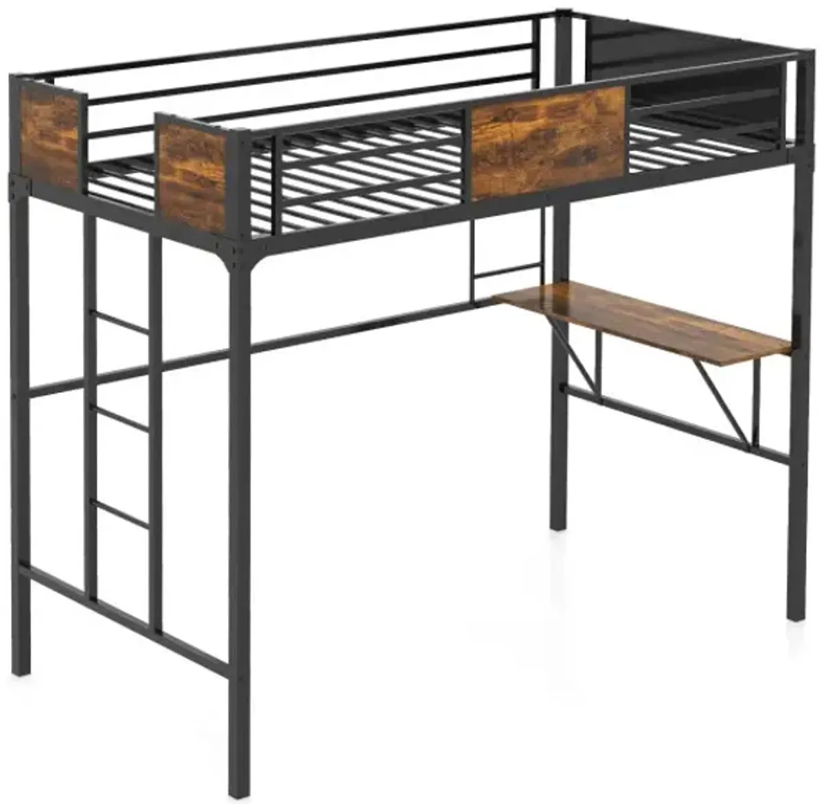 Twin Size Industrial Metal Loft Bed with Storage Shelf and Build-in Ladder