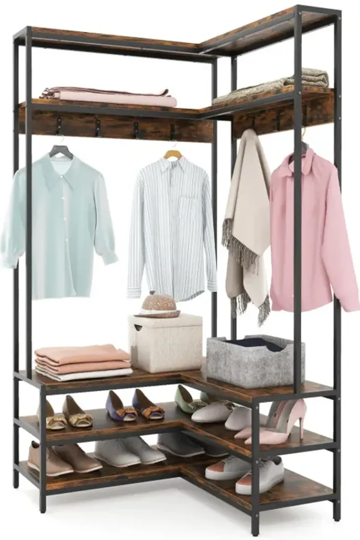 Corner Garment Rack with Open Shelves and 7 Hooks Shoe Bench