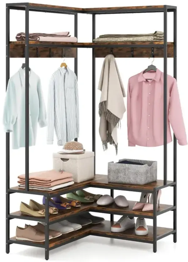 Corner Garment Rack with Open Shelves and 7 Hooks Shoe Bench