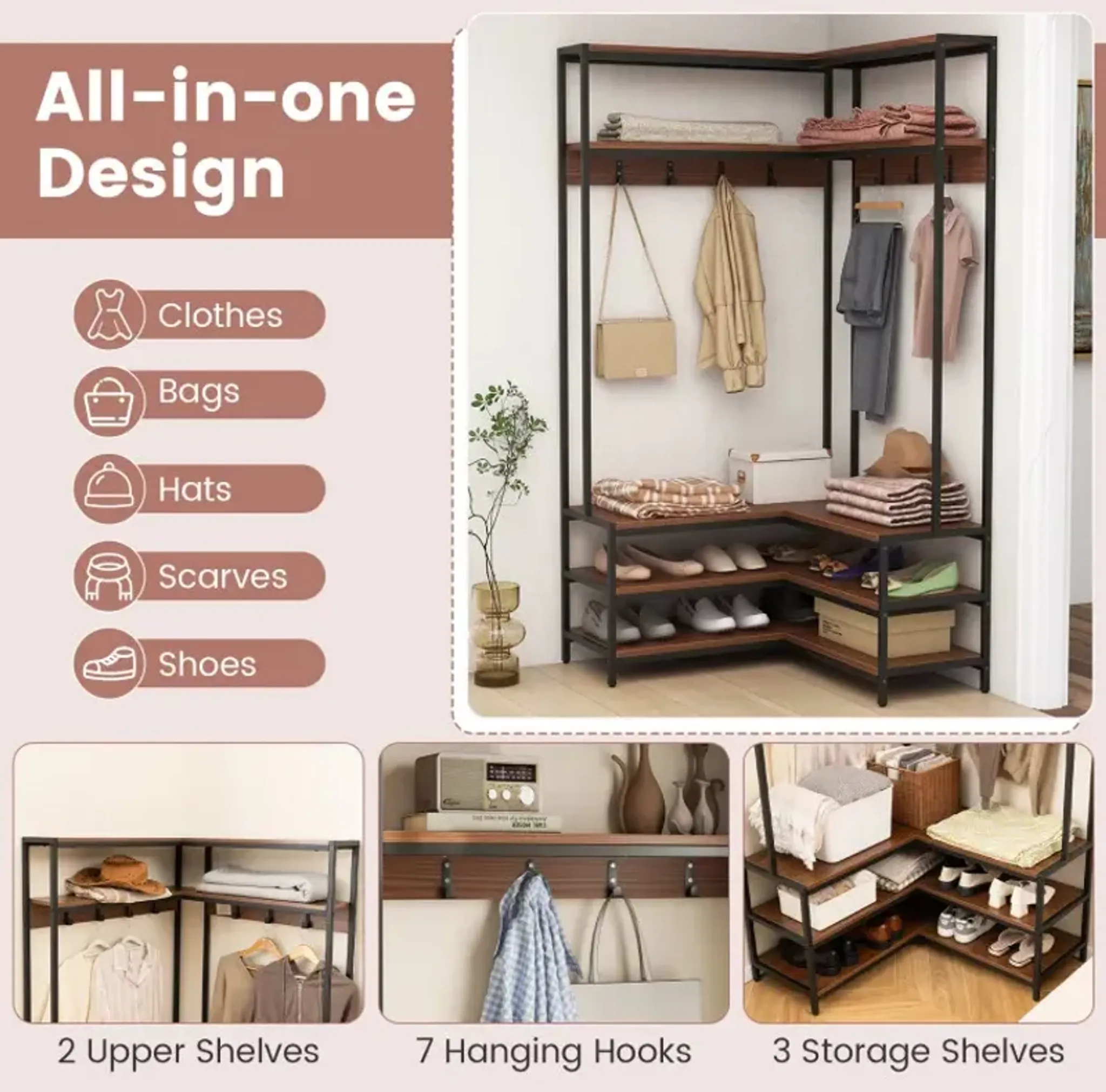 Corner Garment Rack With Open Shelves And 7 Hooks Shoe Bench Costway ...