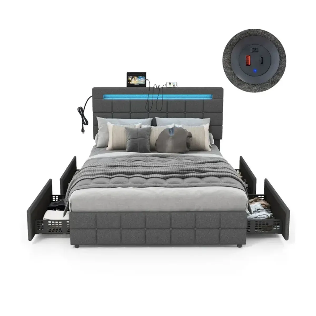 Upholstered LED Bed Frame with Headboard and Drawers-Gray