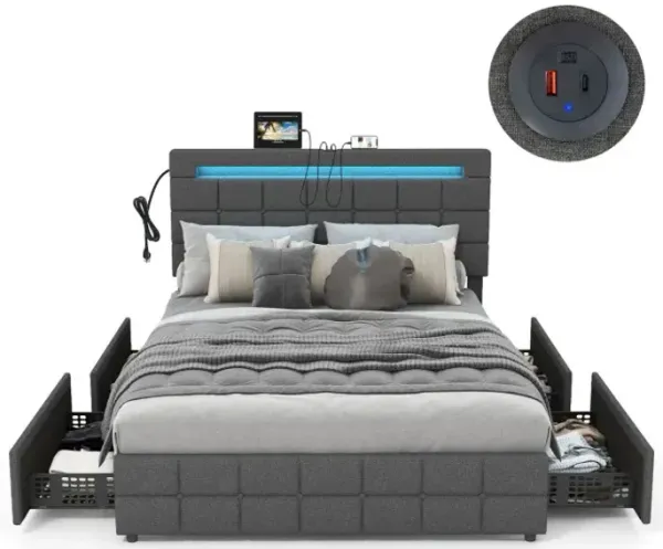 Upholstered LED Bed Frame with Headboard and Drawers-Gray