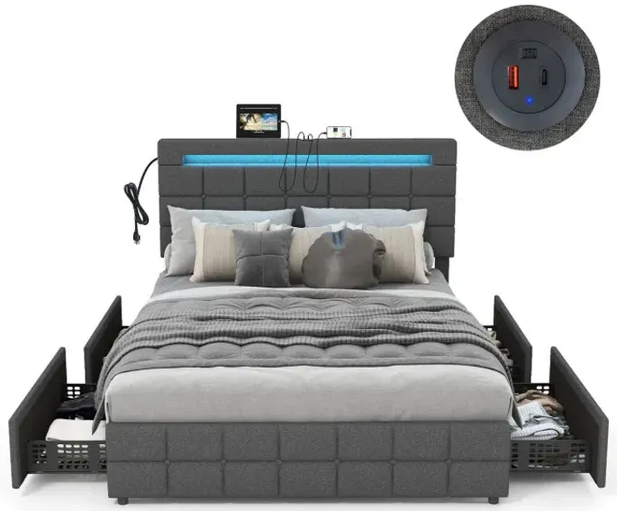Upholstered LED Bed Frame with Headboard and Drawers-Gray