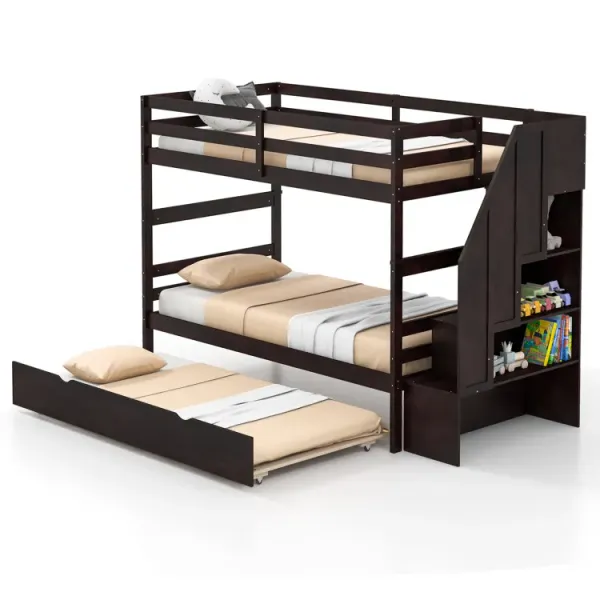 Home Wood Bunk Bed with Guard Rail and 4-step Storage Stairs No Box Spring Needed