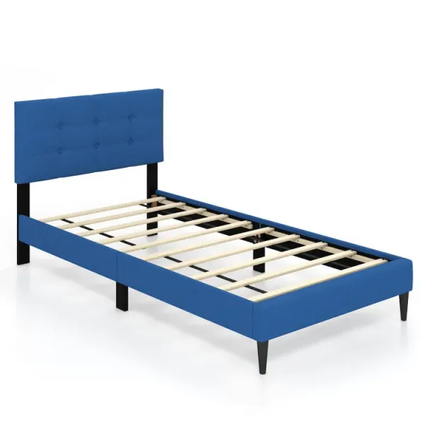 Twin Size Upholstered Platform Bed with with Button Tufted Linen Fabric Headboard