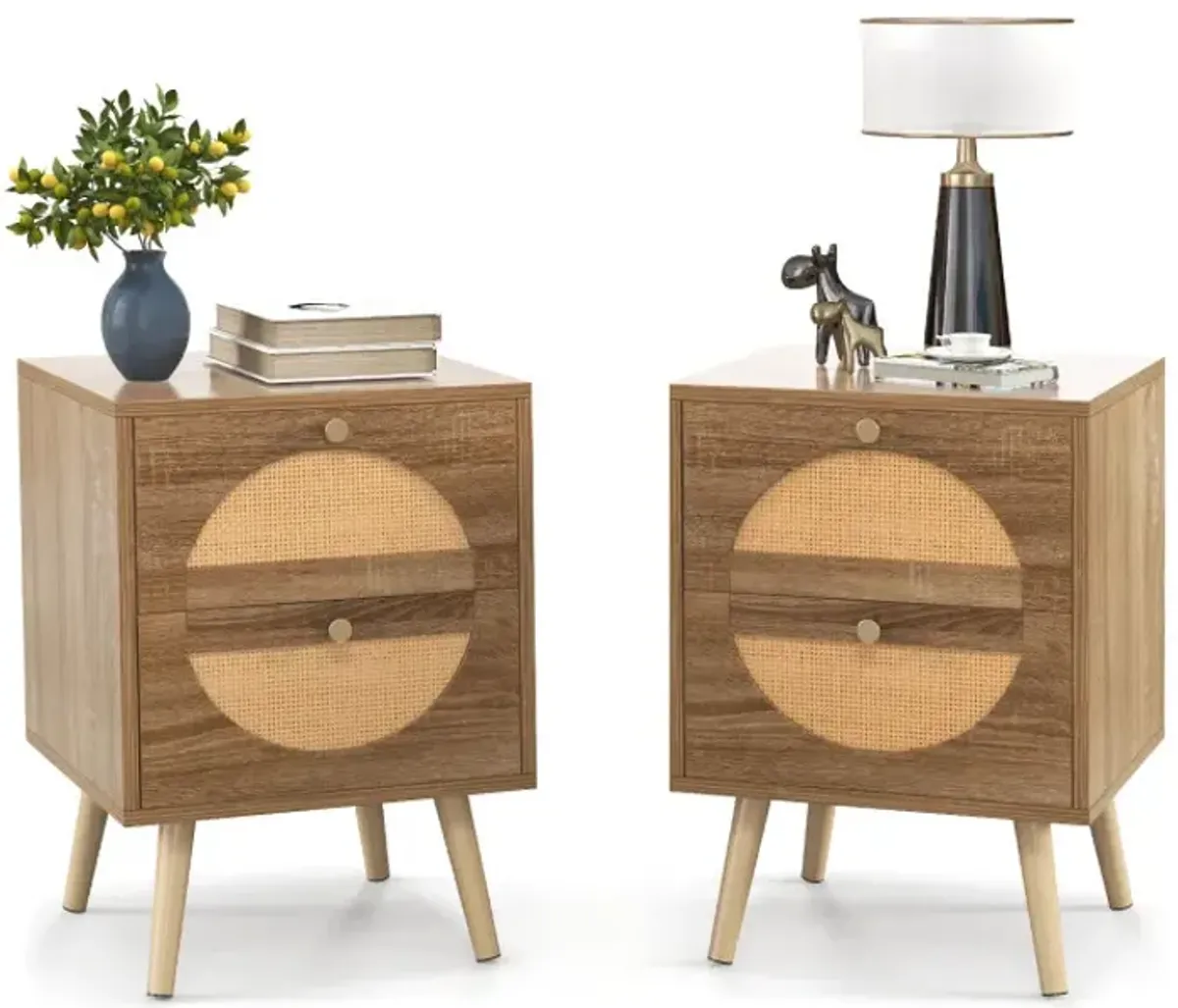 Set of 2 Rattan Nightstand with 2 Drawers and Solid Wood Legs