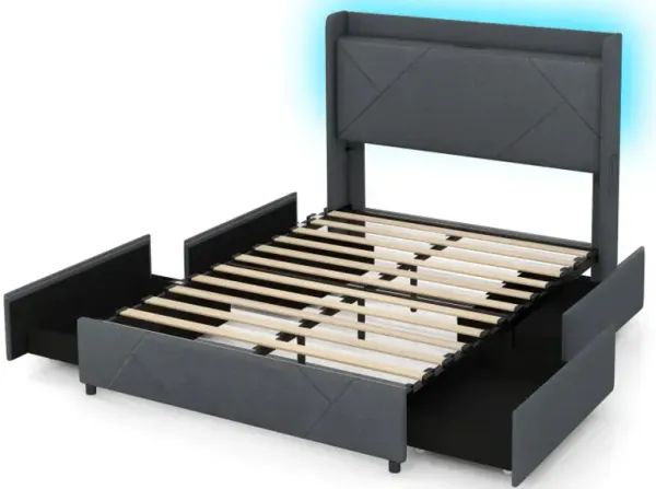 Full/Queen Size Bed Frame with LED Lights and Charging Station
