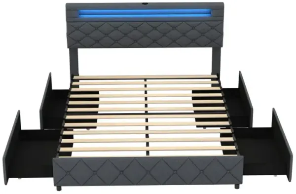 Full/Queen Size Bed Frame with Adjustable Storage Headboard and Wooden Slat Support