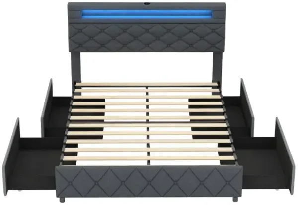 Full/Queen Size Bed Frame with Adjustable Storage Headboard and Wooden Slat Support