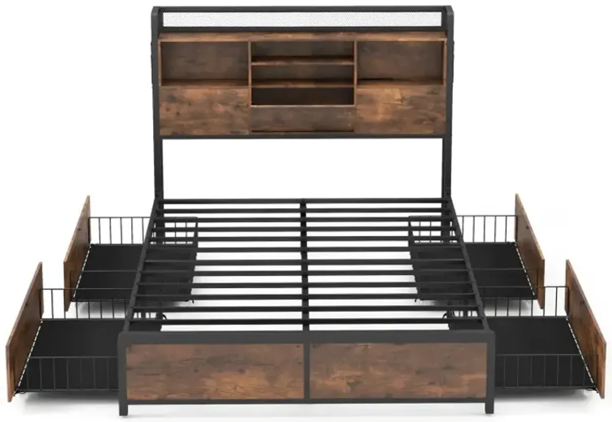 Full/Queen Size Bed Frame with Bookcase Headboard and 4 Storage Drawers