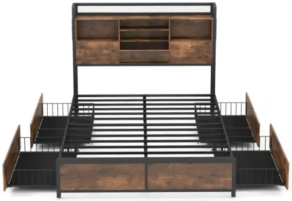 Full/Queen Size Bed Frame with Bookcase Headboard and 4 Storage Drawers