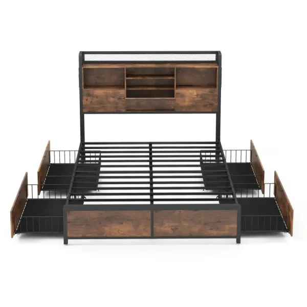 Full/Queen Size Bed Frame with Bookcase Headboard and 4 Storage Drawers