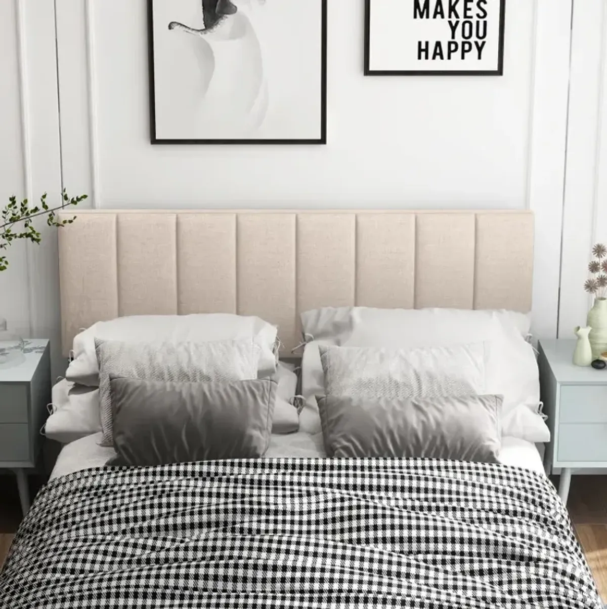 Linen Upholstered Headboard with Solid Wood Legs and Adjustable Width