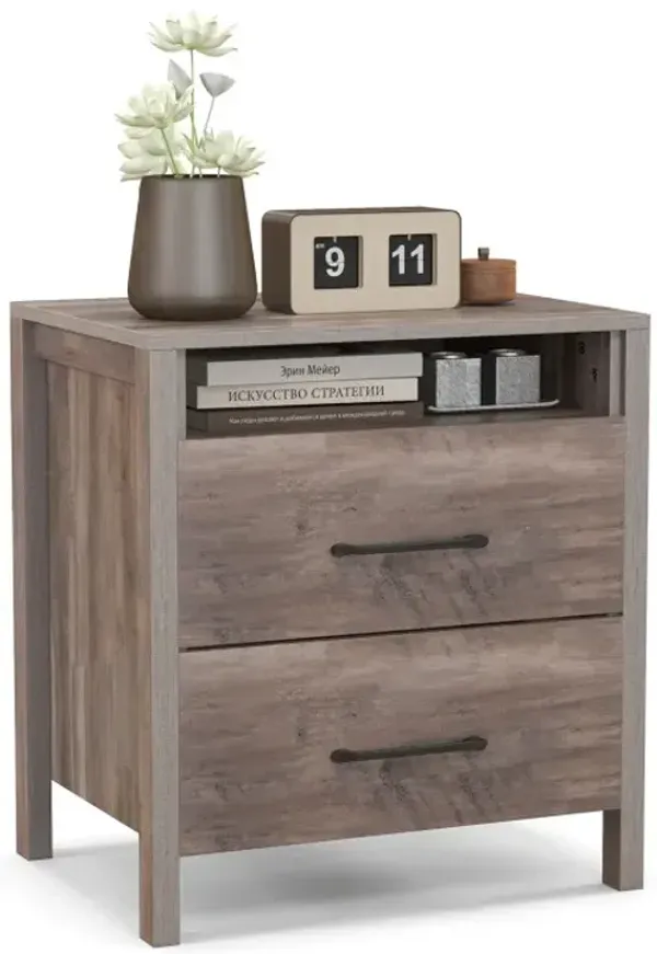Nightstand with 2 Drawers Farmhouse Bed Side Table with Open Storage Shelf
