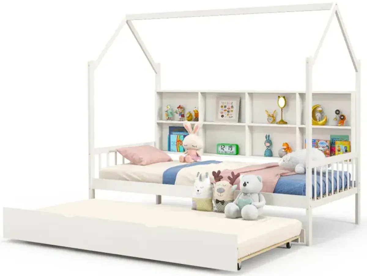 Twin Size Kids Montessori Daybed with Roof and Shelf Compartments