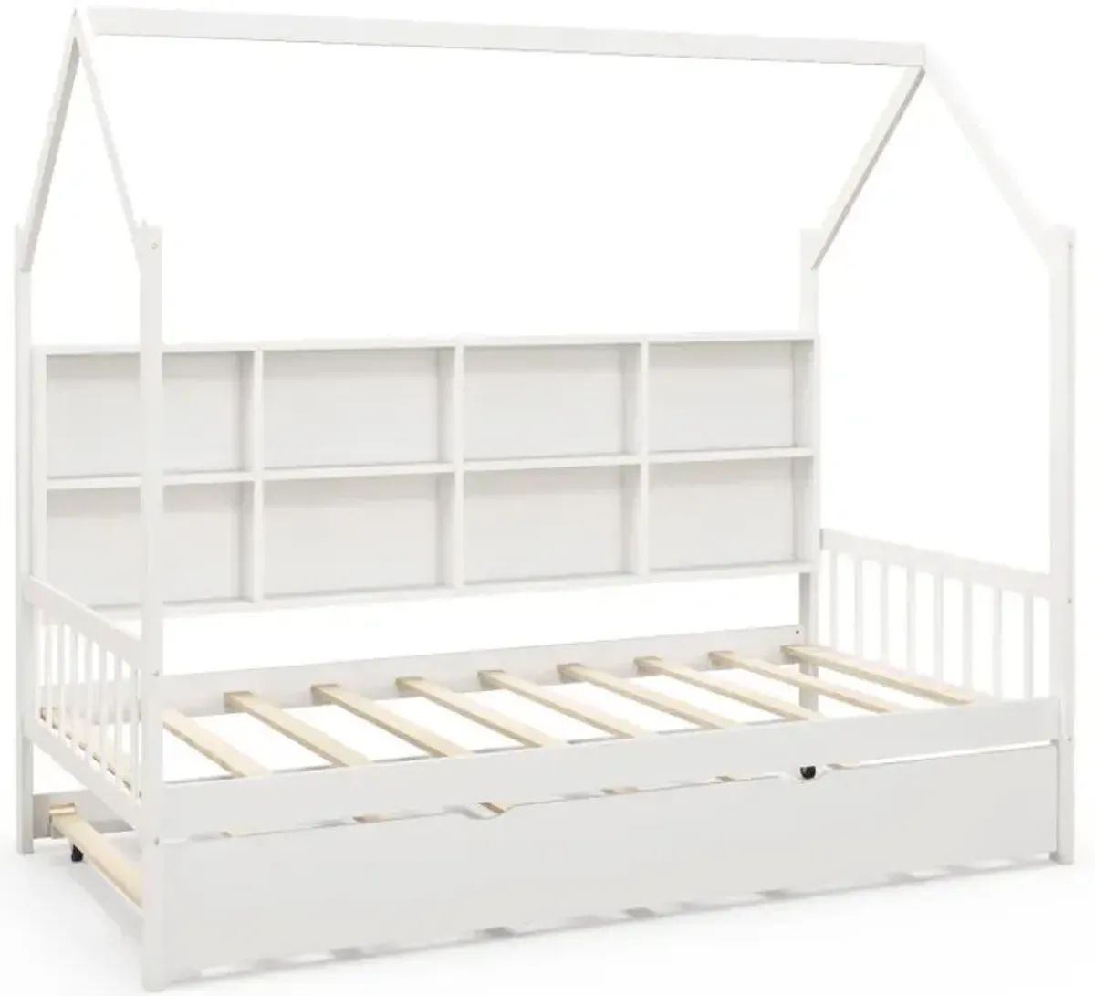Twin Size Kids Montessori Daybed with Roof and Shelf Compartments