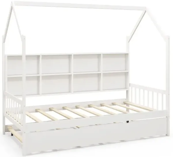 Twin Size Kids Montessori Daybed with Roof and Shelf Compartments