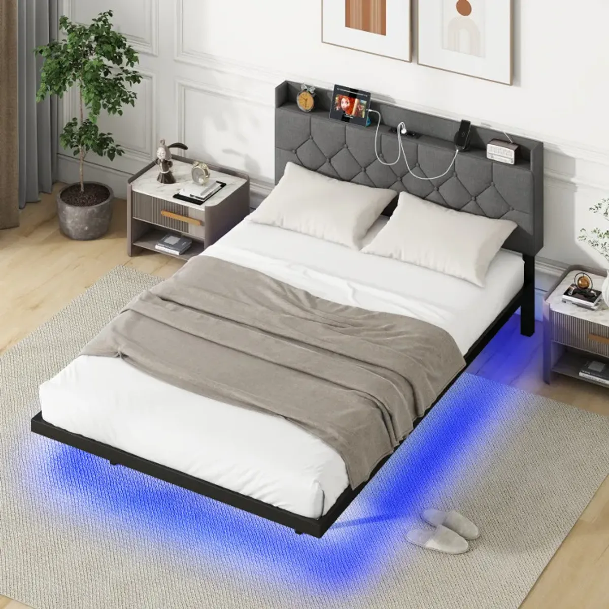 Full/Queen Size Floating Bed Frame with LED and Headboard and Charging Station