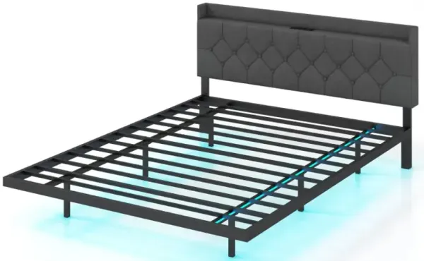 Full/Queen Size Floating Bed Frame with LED and Headboard and Charging Station