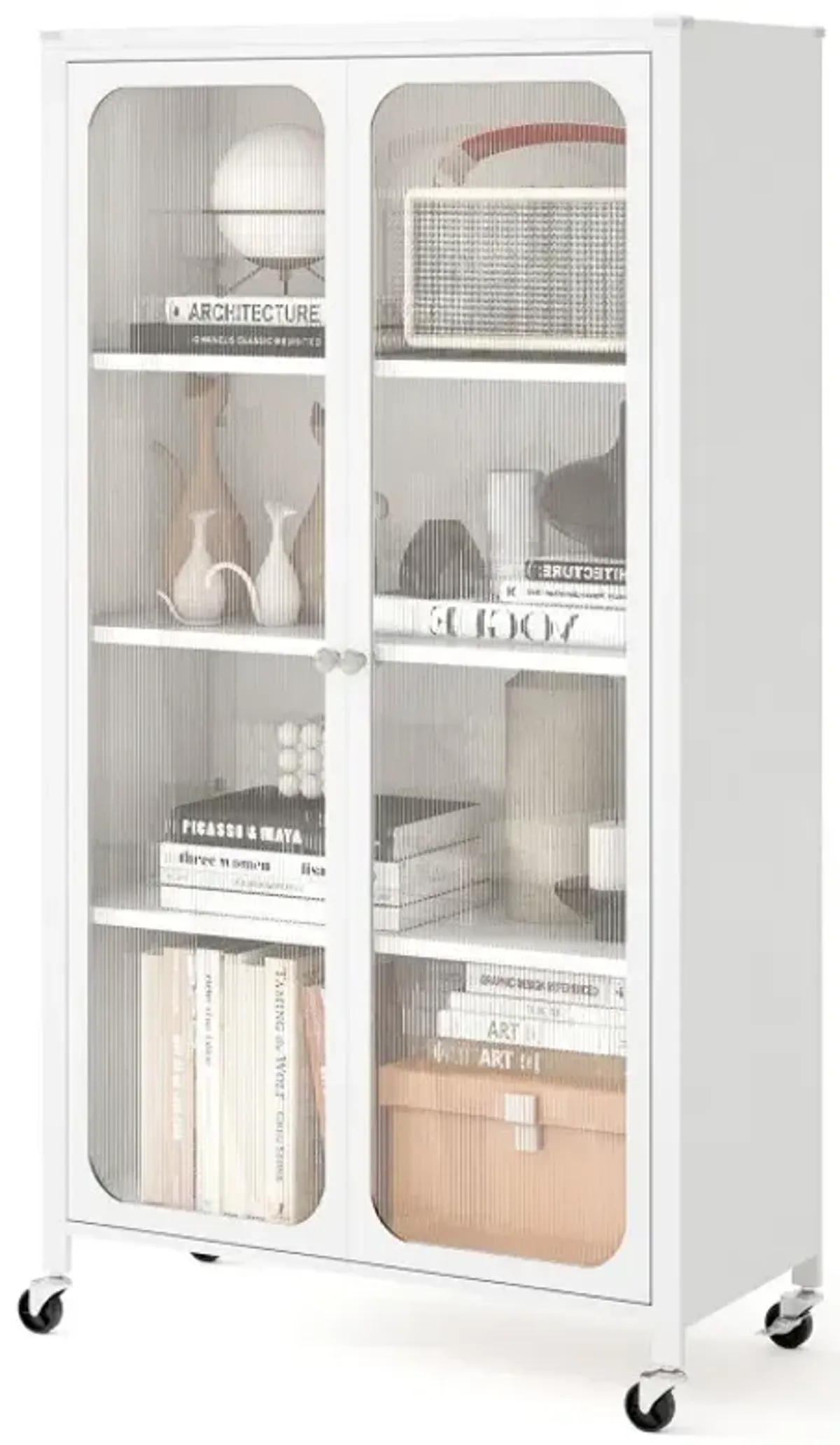 58 Inches Bookcase with Adjustable Shelves and Lockable Wheels