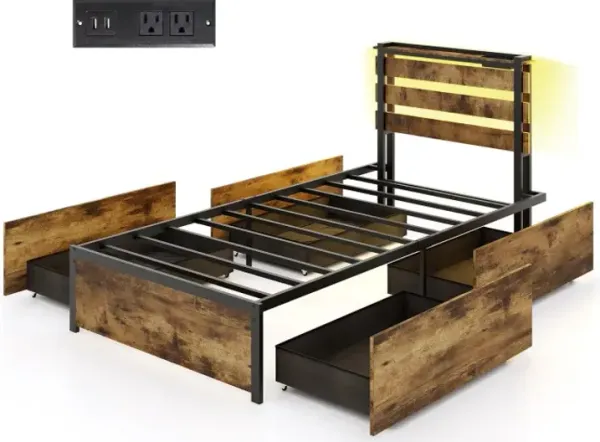 Full/Queen/Twin Size Bed Frame with Drawers LED Lights and USB Ports