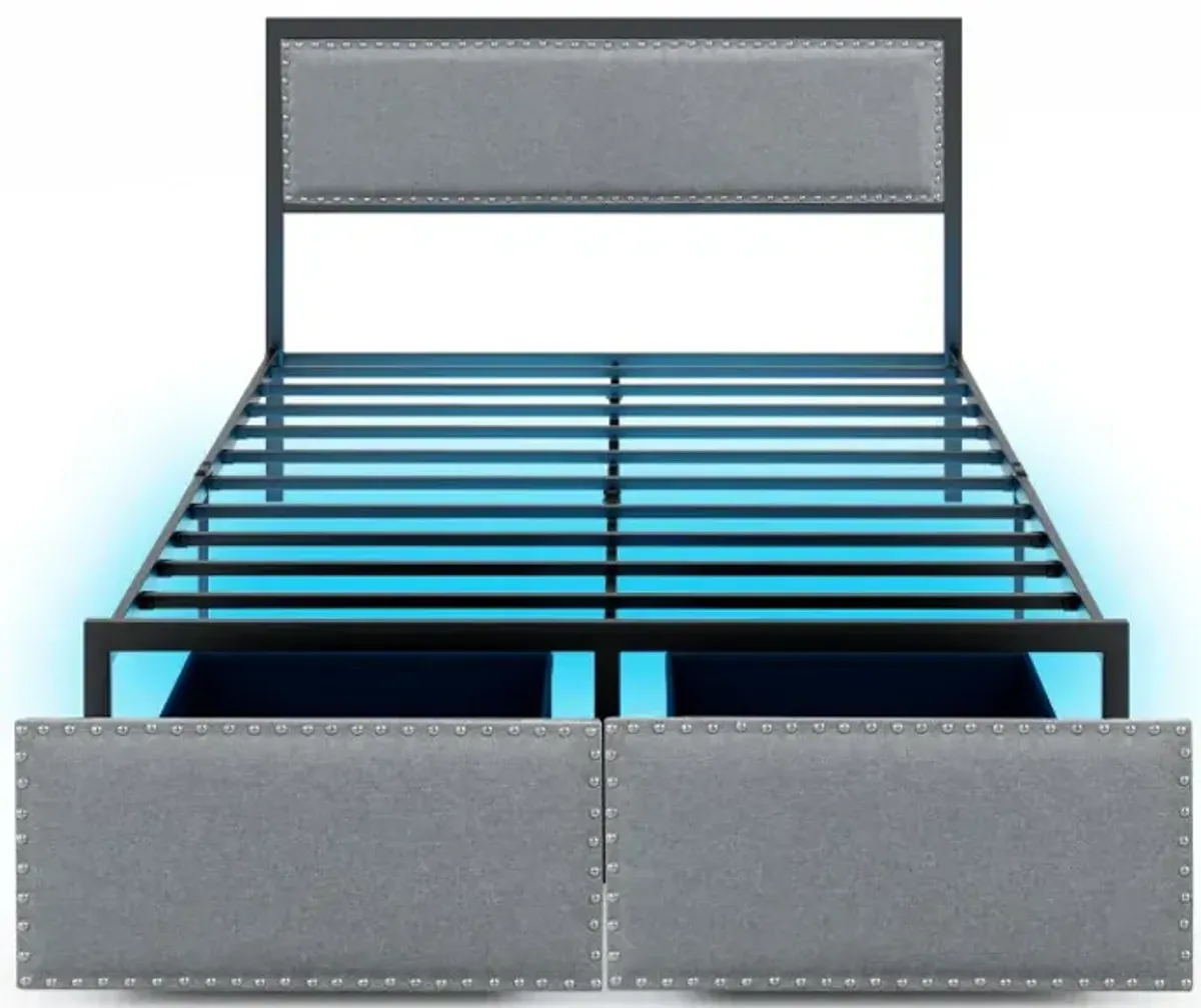 Full/Queen/Twin Size Bed Frame with LED Lights Drawer and Metal Slats