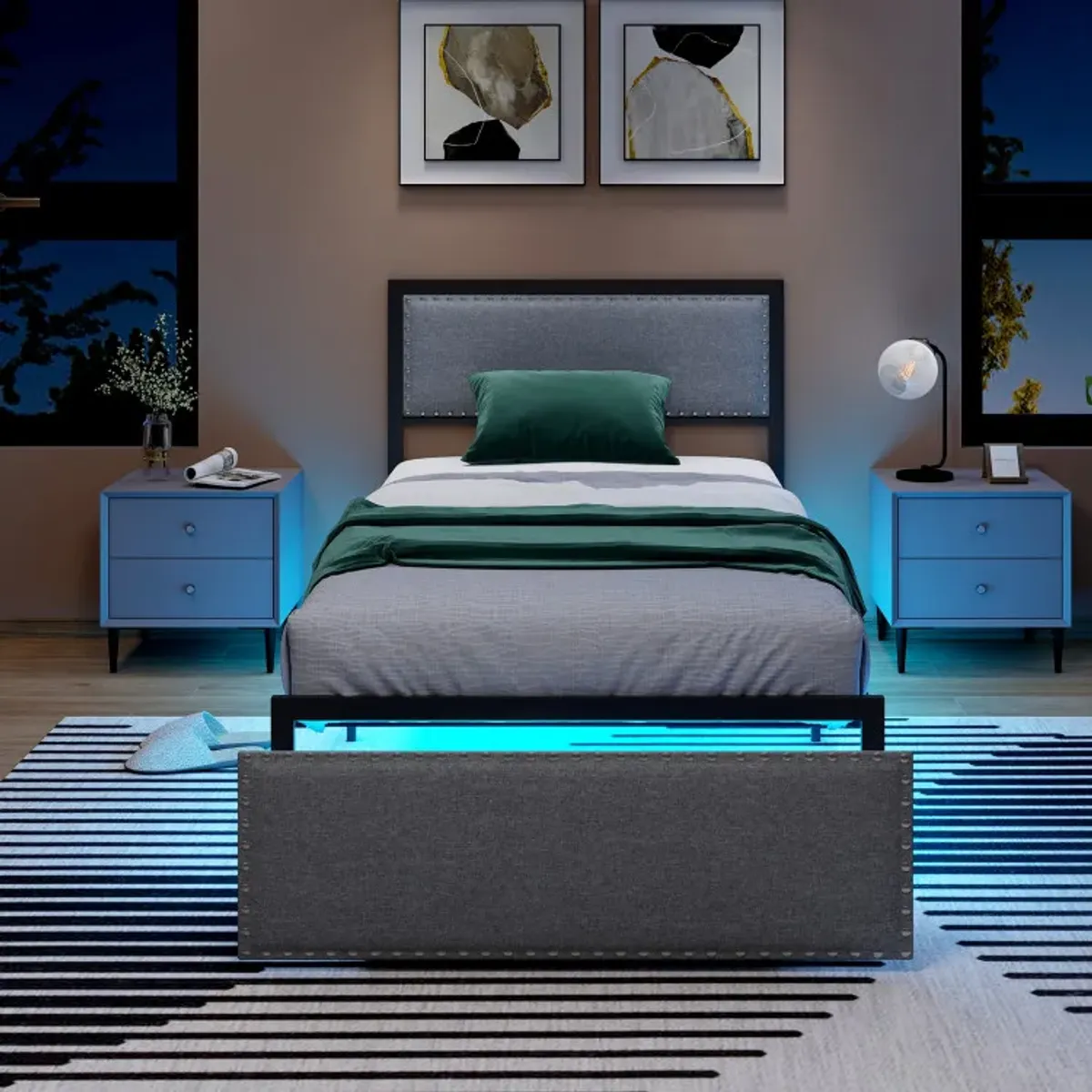 Full/Queen/Twin Size Bed Frame with LED Lights Drawer and Metal Slats