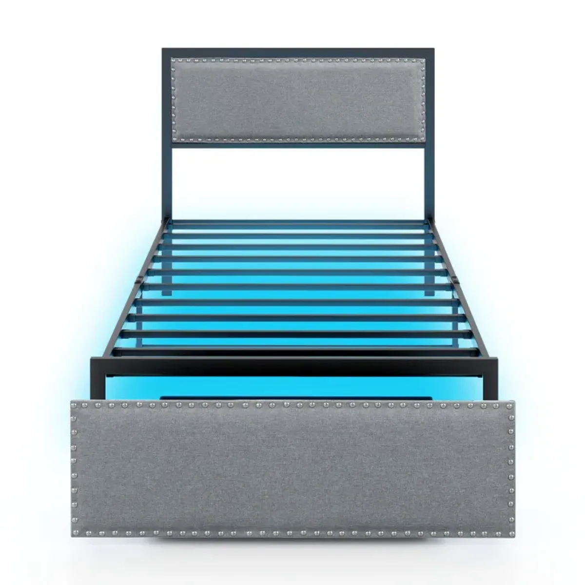 Full/Queen/Twin Size Bed Frame with LED Lights Drawer and Metal Slats