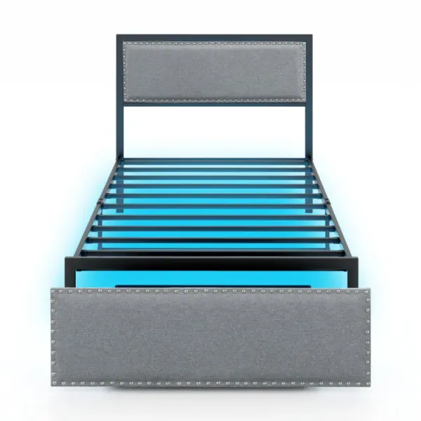 Full/Queen/Twin Size Bed Frame with LED Lights Drawer and Metal Slats