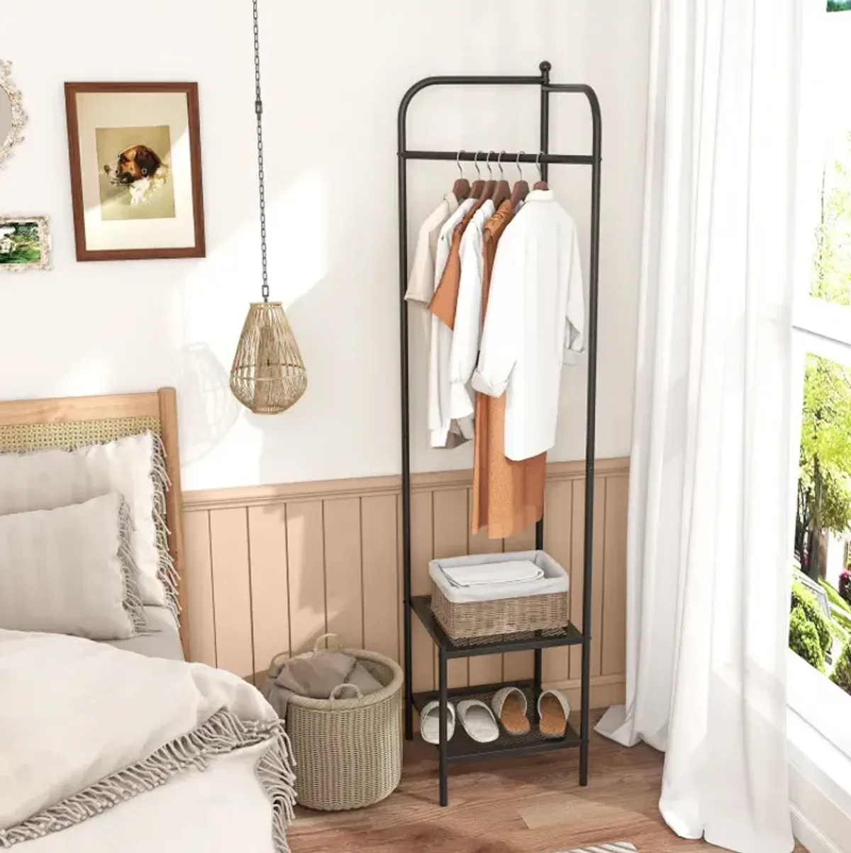 Corner Coat Rack with Top Hanger and 2 Mesh Shelves for Entryway Hallway Living Room Bedroom