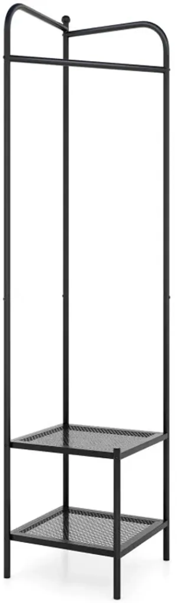Corner Coat Rack with Top Hanger and 2 Mesh Shelves for Entryway Hallway Living Room Bedroom