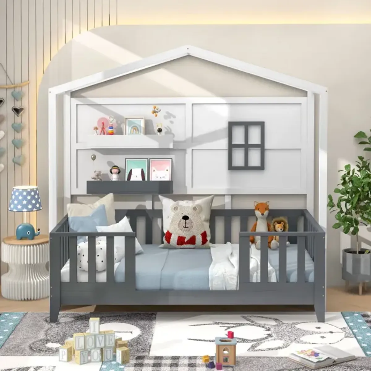 Twin Wood House Bed Montessori Floor Bed with 2 Shelves and Guardrails