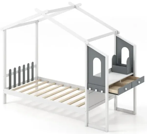 Twin/Full Bed Frame with House Roof Canopy and Fence for Kids