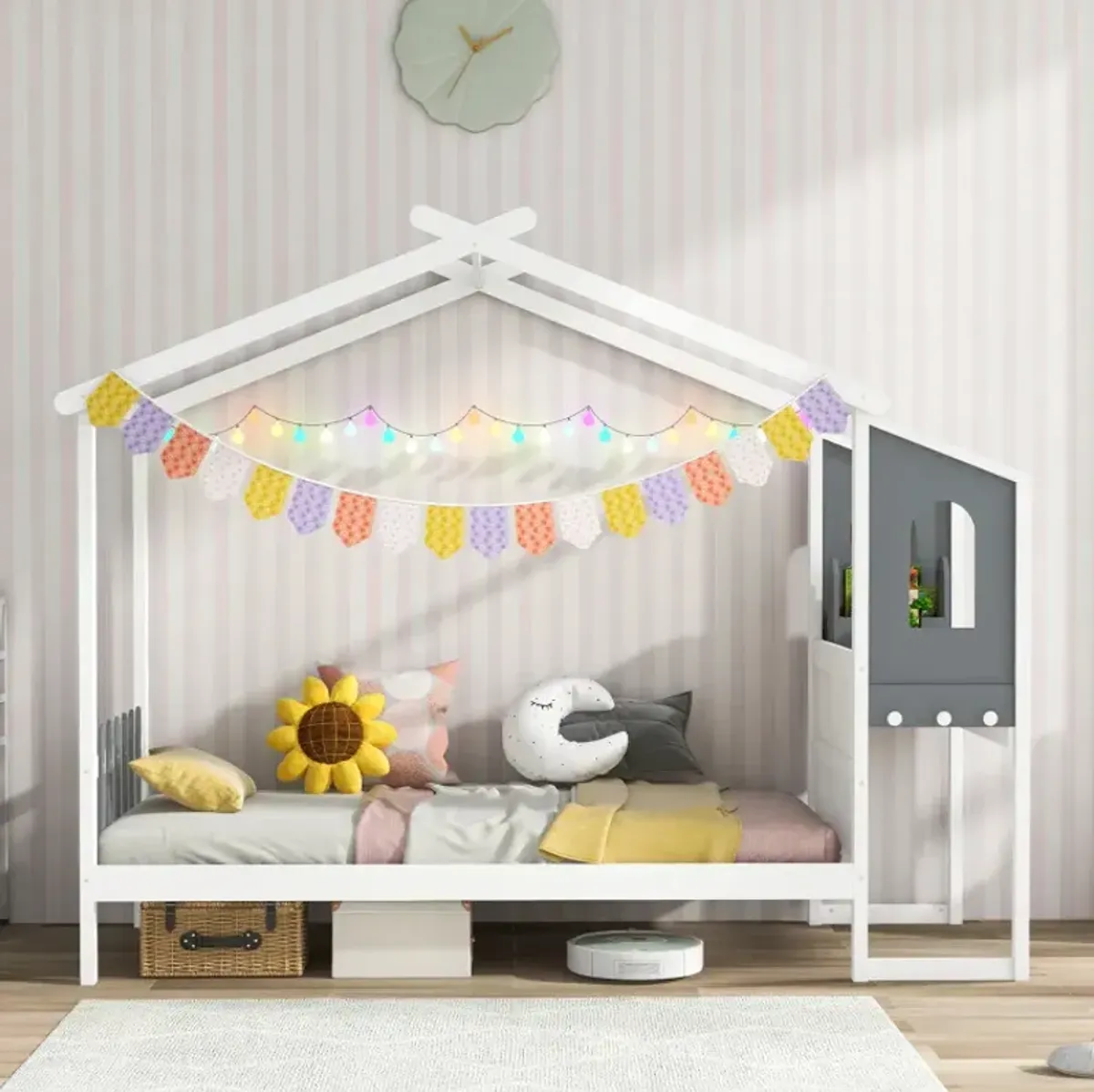 Twin/Full Bed Frame with House Roof Canopy and Fence for Kids