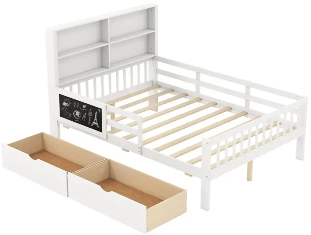 Twin/Full Size Bed Frame with 2 Drawers and Bookcase for Boys and Girls