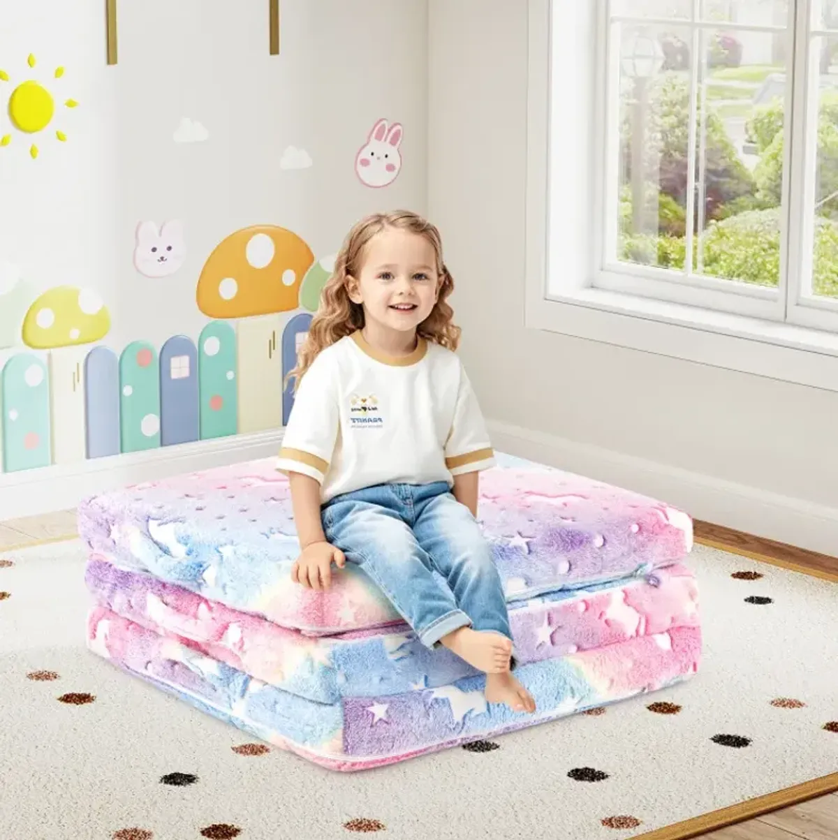 Foldable Floor Mattress for Kids with Washable Flannel Cover