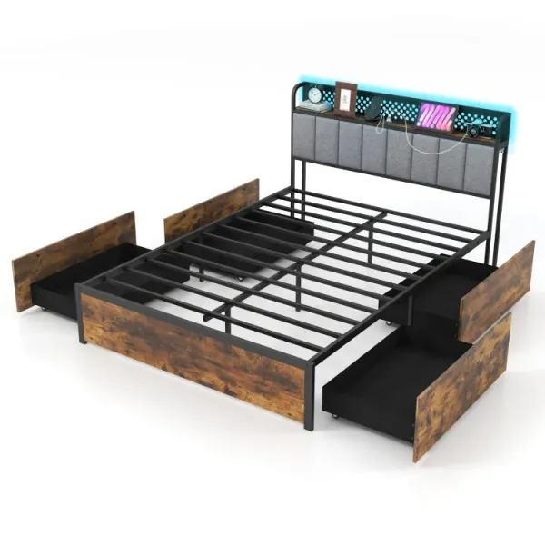 Twin/Full/Queen Bed Frame with LED Lights, Upholstered Headboard and 4 Storage Drawers