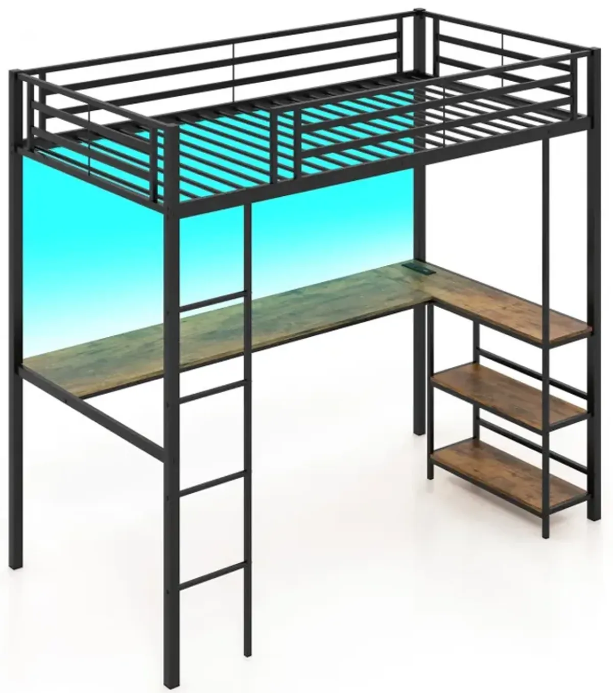 Twin Size Loft Bed Raised Platform Bed with Desk and 2 Storage Shelves