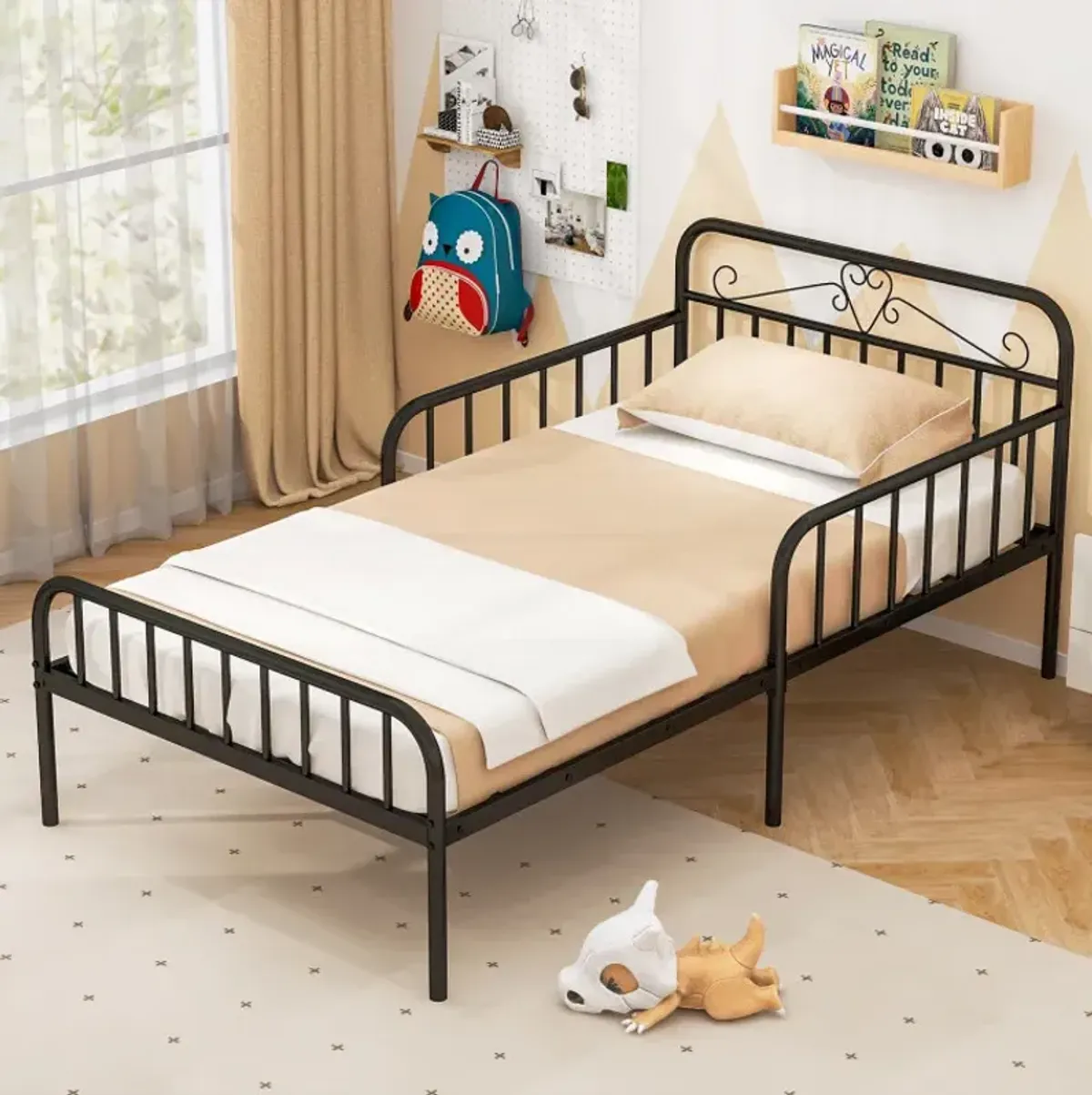 Twin Size Bed Frame with Headboard and Safety Side Guardrails