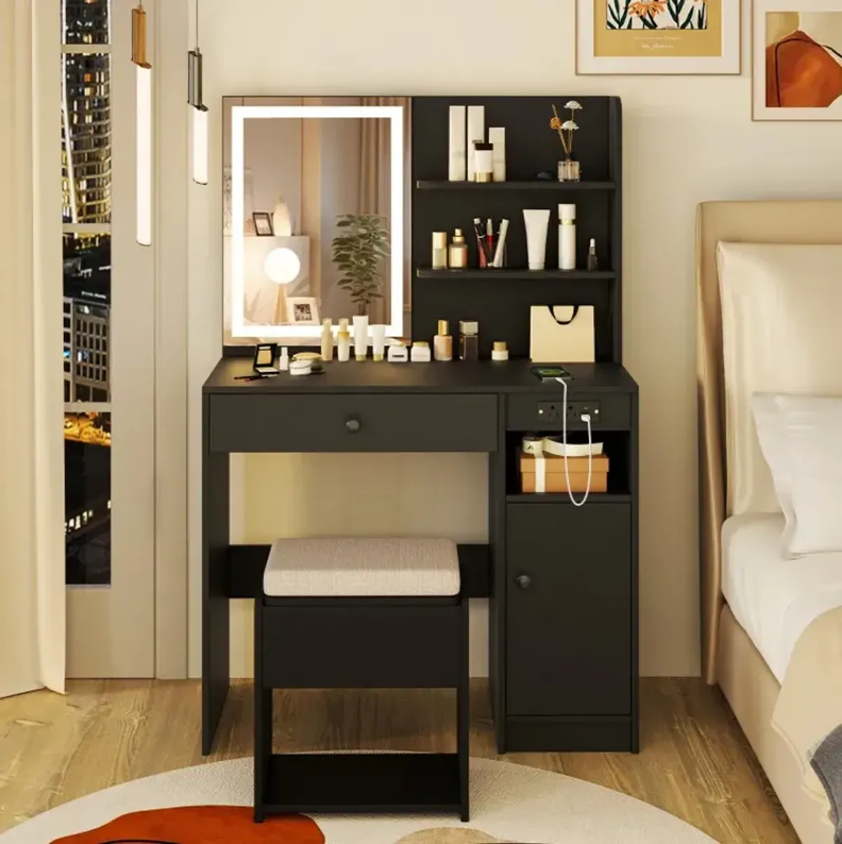 Vanity Desk with Mirror and Lights