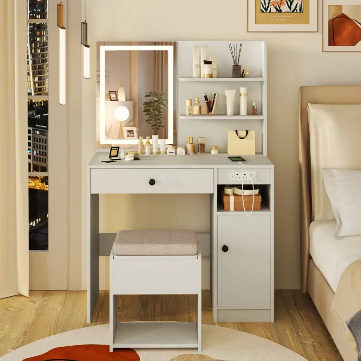 Vanity Desk with Mirror and Lights