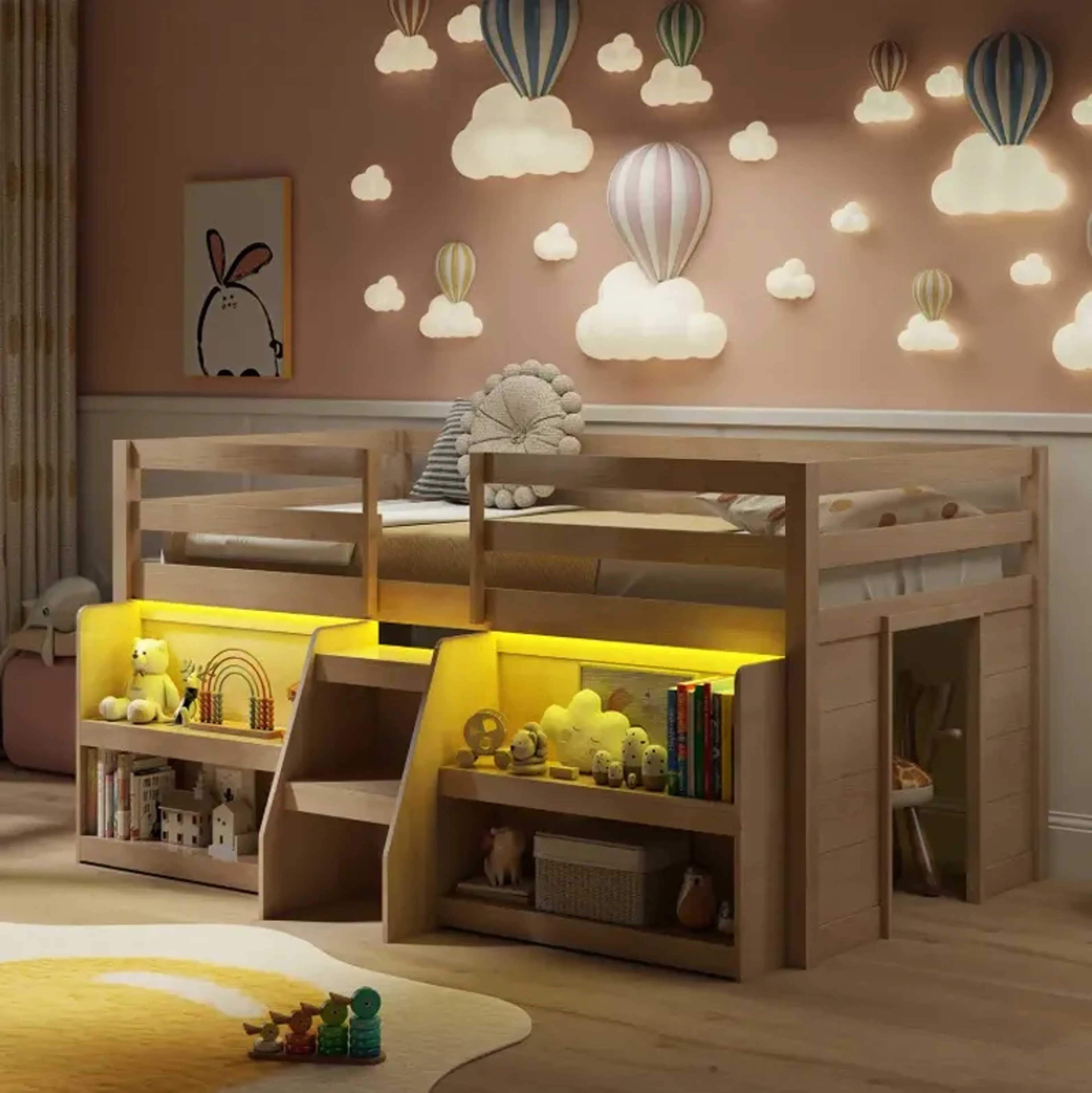 Twin Size Loft Bed With Led Lights With Staircase And Safety Guardrail ...