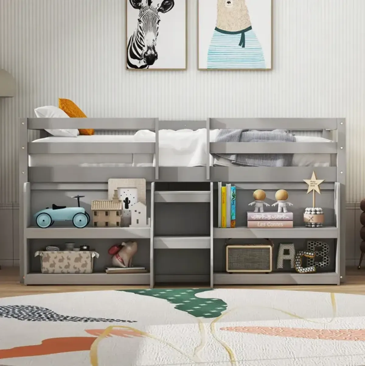 Twin Size Loft Bed with LED Lights with Staircase and Safety Guardrail