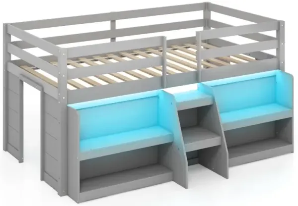 Twin Size Loft Bed with LED Lights with Staircase and Safety Guardrail
