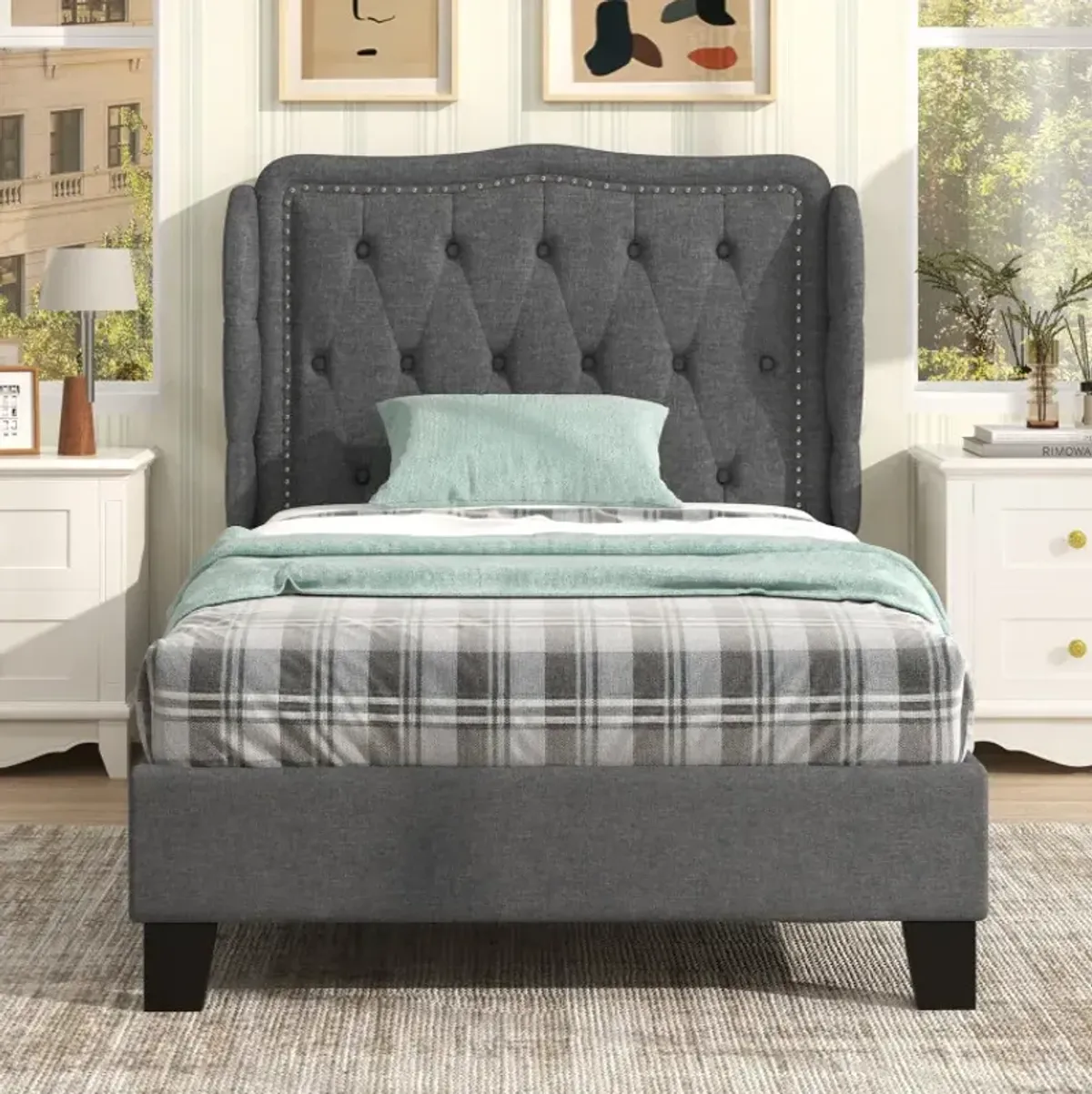 Twin Size Bed Frame with Button Tufted Wingback Headboard and Storage Space