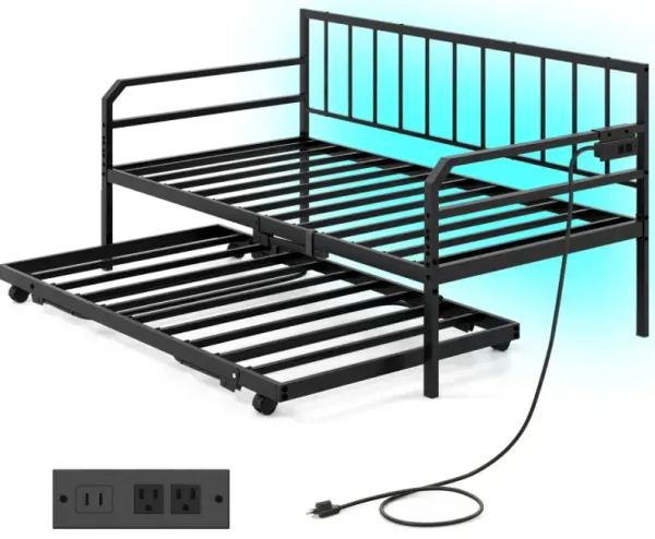 Adjustable Metal Twin Size Daybed with Charging Station and LED Light
