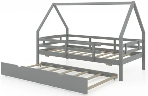 Twin House Bed with Trundle and Fence Rail